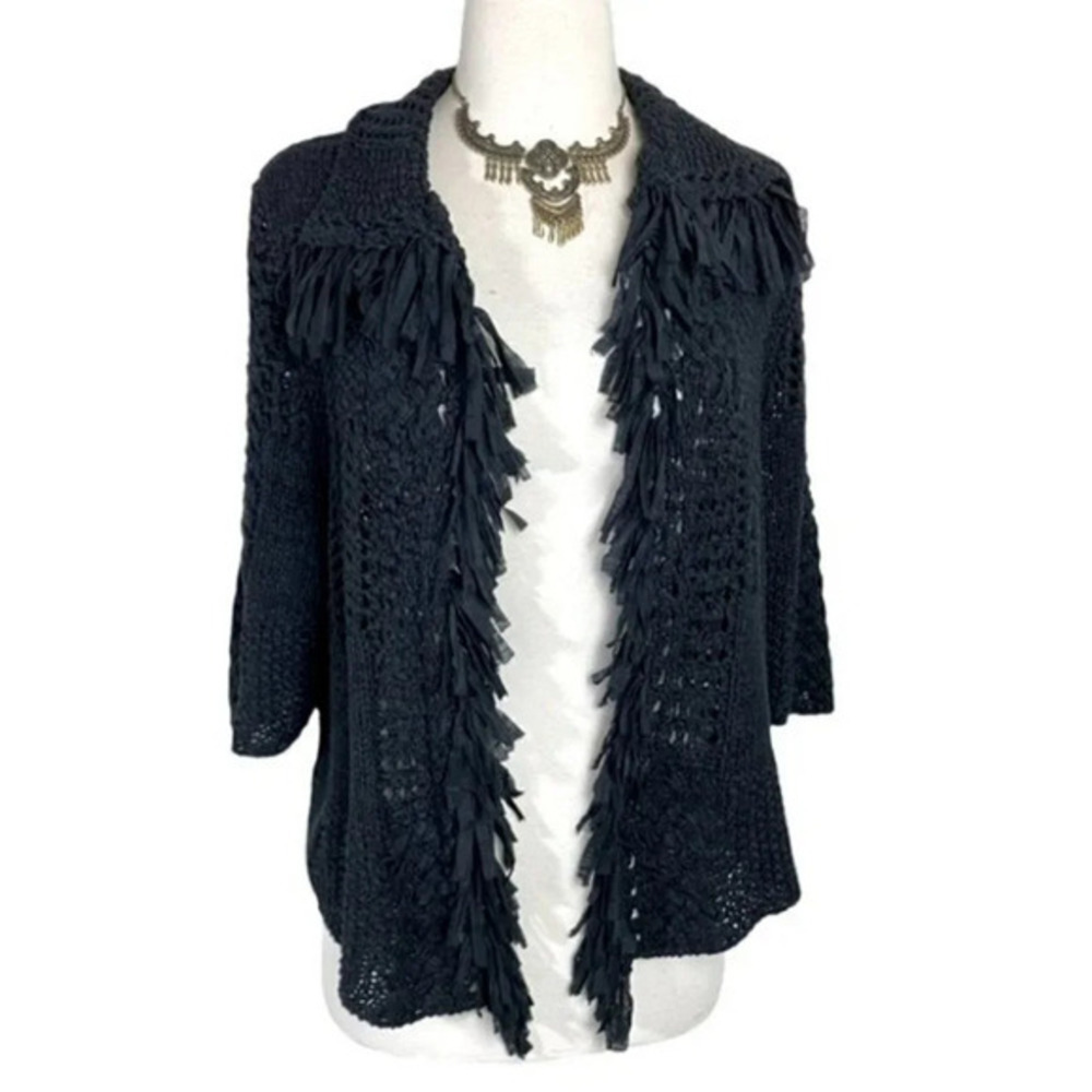Chico's Cardigan 2 Black‎ Fringe Pointelle Crochet Knit 3/4 Sleeve Open Front